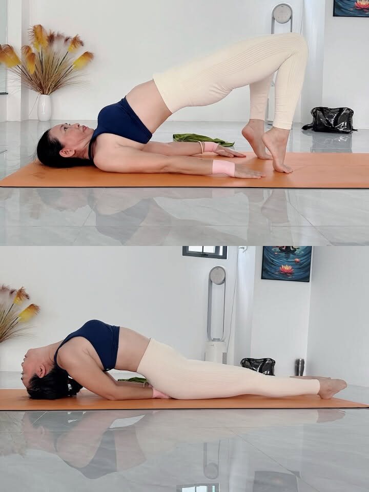 Học viên tập tư thế cây cầu và tư thế con cá theo nhịp chậm của Hatha yoga