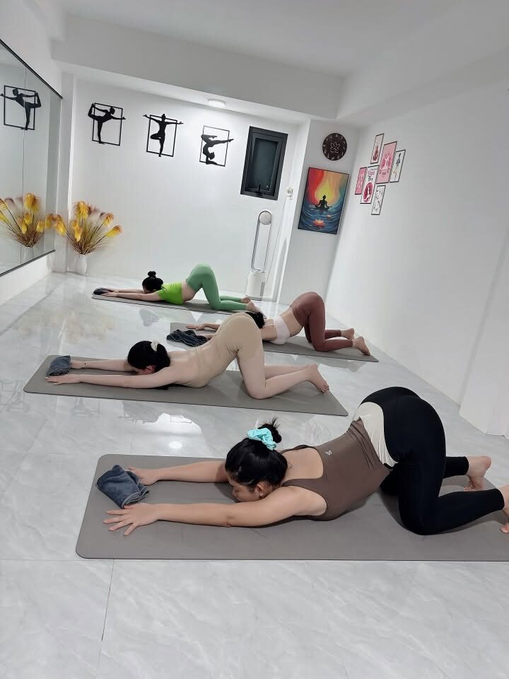 Học viên thả lỏng lưng trong tư thế cún con trước giờ thiền cho người mới bắt đầu tại Yoga Phương Ruby Cần Thơ