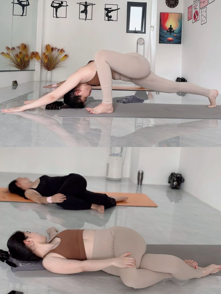 Học viên gập người cúi trán xuống thảm và nằm nghiêng vặn xoắn thư giãn giúp tâm trí lắng dịu trước khi thiền