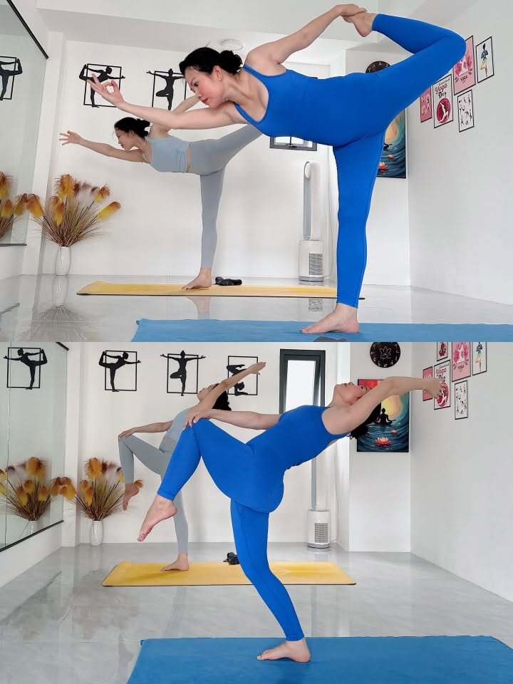 Tư thế chiến binh III nắm chân nâng cao trong lớp yoga 1 kèm 1